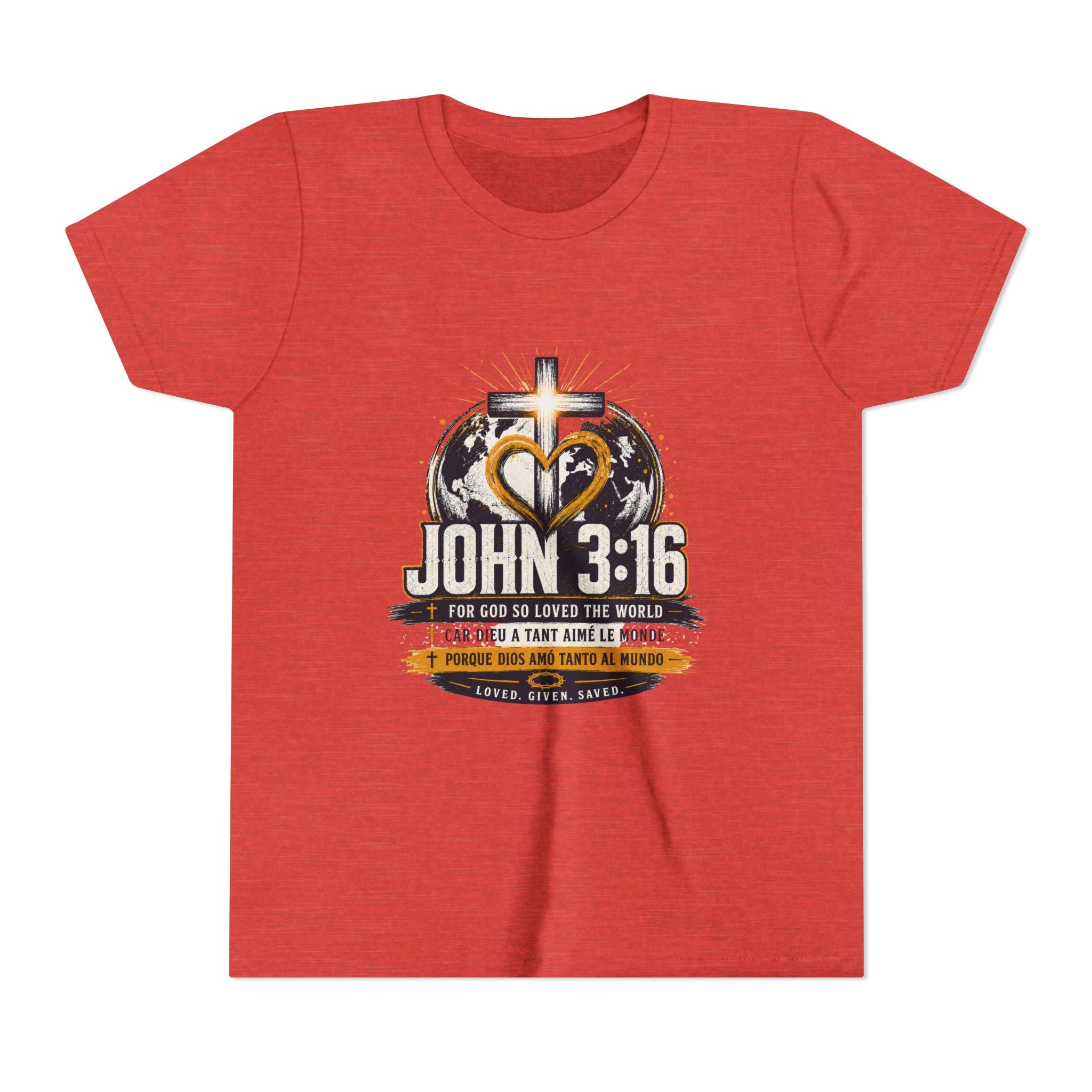 John 3:16 Youth Tee — Christian Inspirational Kids Shirt with Cross & Globe Design