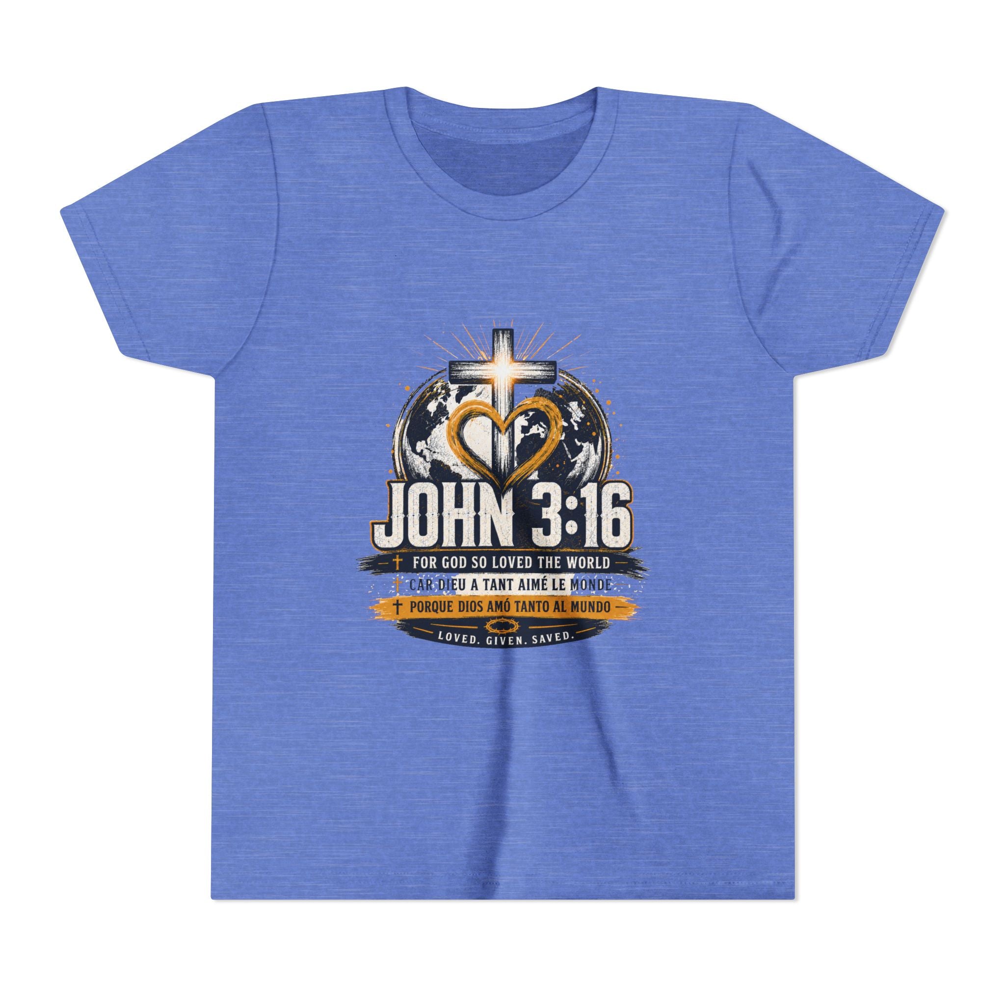 John 3:16 Youth Tee — Christian Inspirational Kids Shirt with Cross & Globe Design