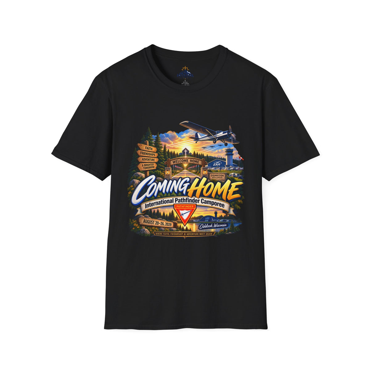 International Pathfinder Camporee 2029 (Stand Strong)- Coming Home T-Shirt — Vintage Airplane Sunset Travel Tee