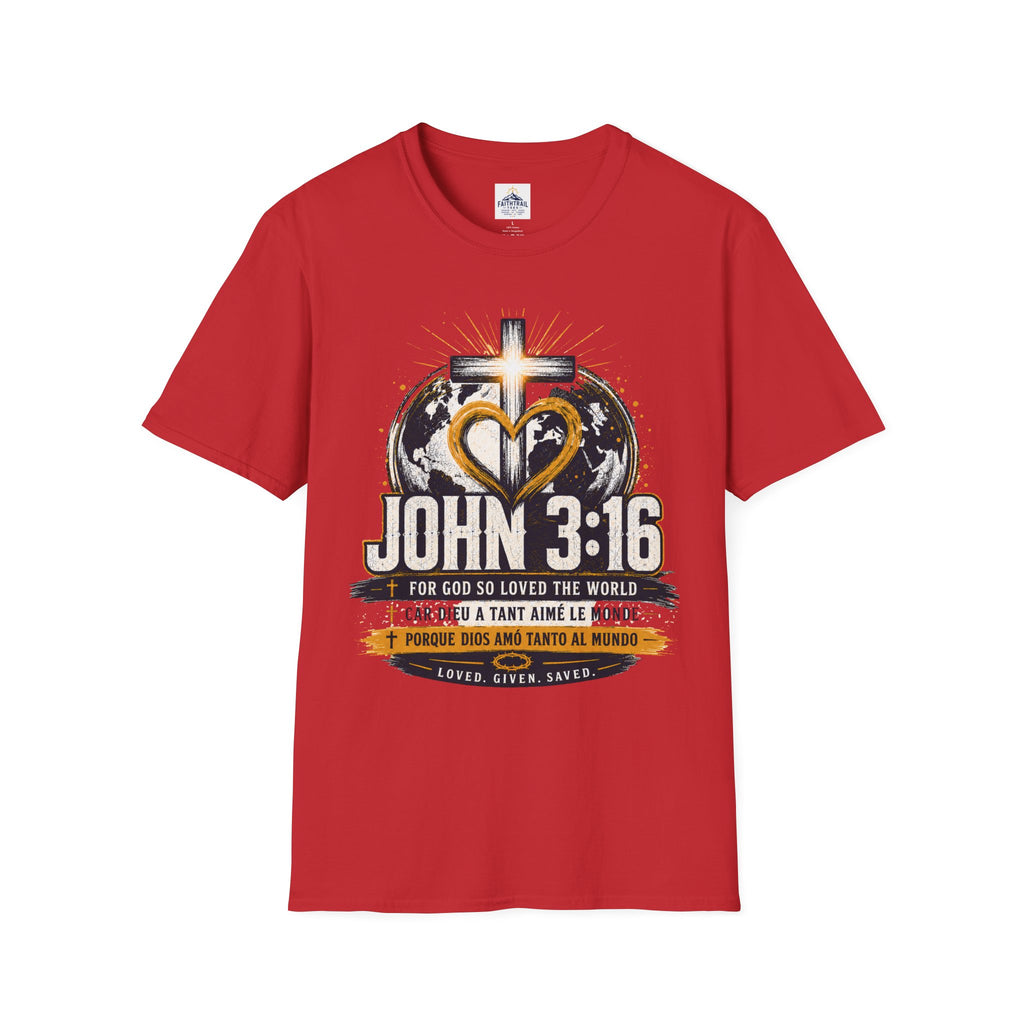 John 3:16 Christian Adult Unisex T-Shirt — Cross & Heart World Faith Tee