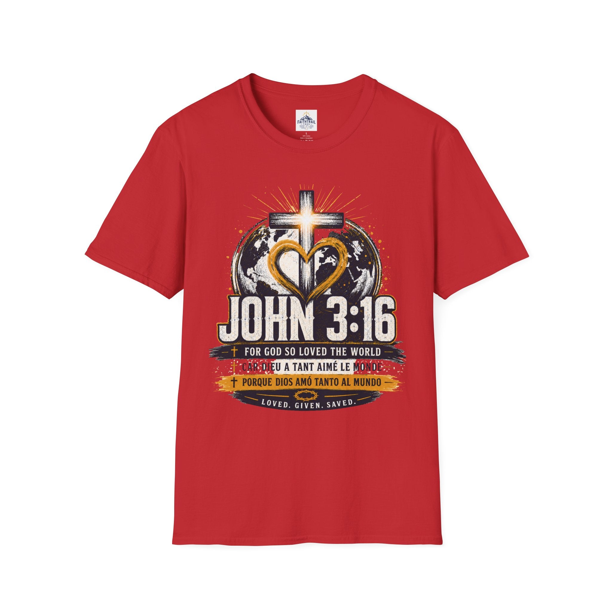 John 3:16 Christian Adult Unisex T-Shirt — Cross & Heart World Faith Tee