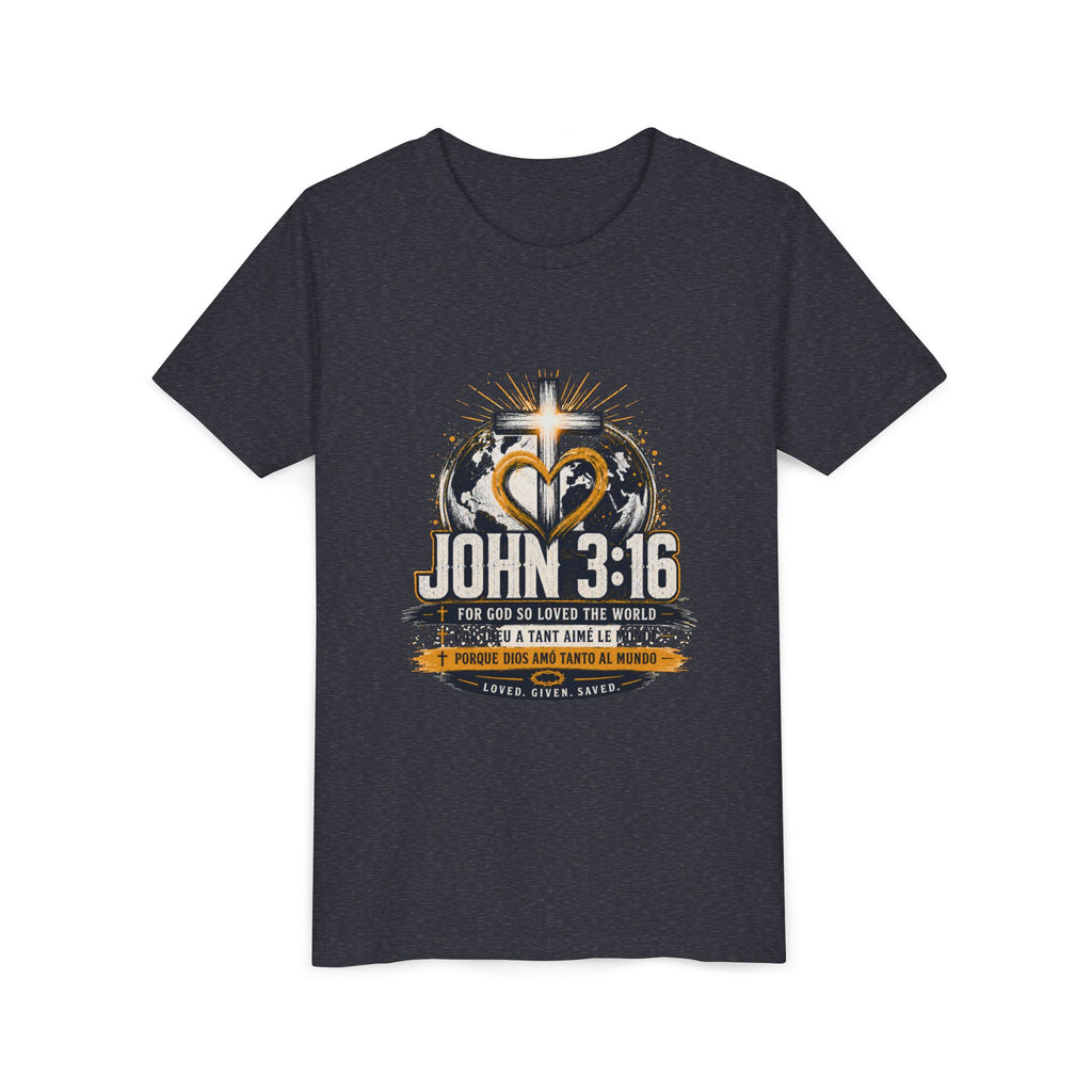 T-shirt pour jeune Jean 3:16 — T-shirt d'inspiration chrétienne pour enfants avec motif croix et globe