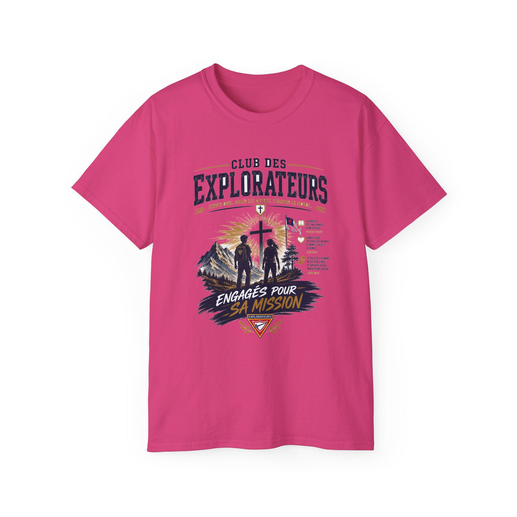 Explorateurs engagés dans leur mission T-shirt | Croix chrétienne silhouette, design d’insigne de foi