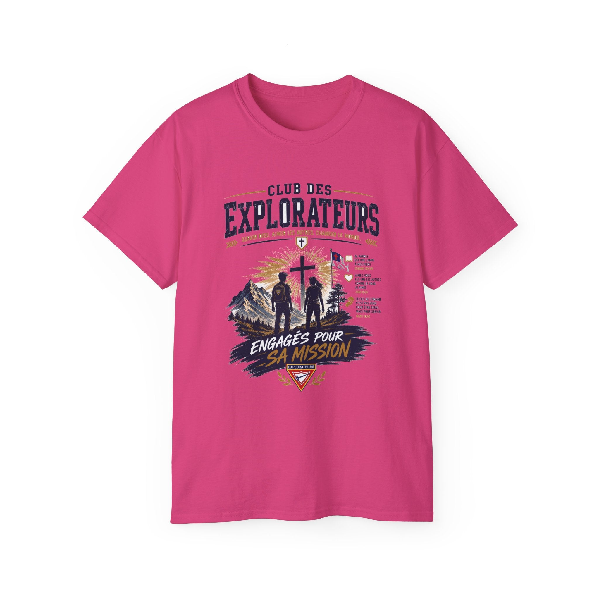 Explorateurs engagés dans leur mission T-shirt | Croix chrétienne silhouette, design d’insigne de foi