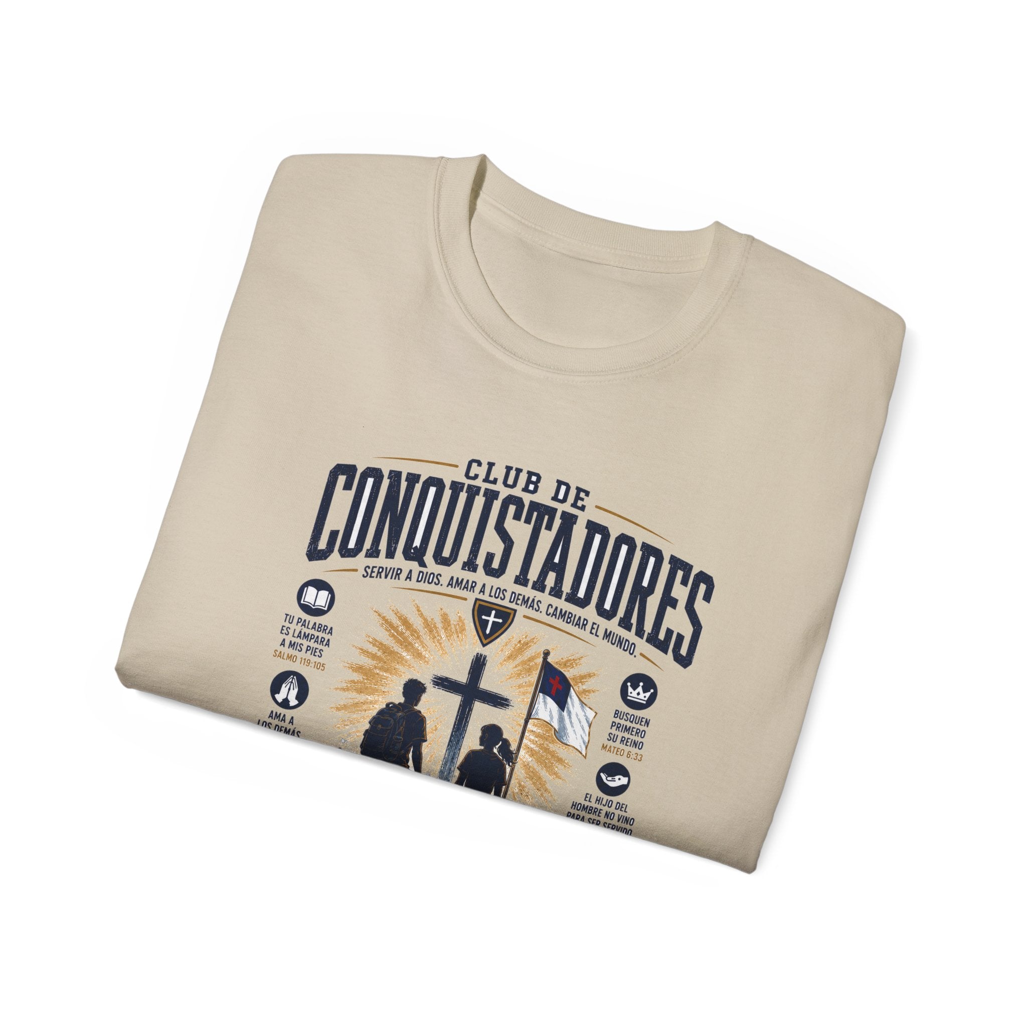 Conquistadores comprometido con su misión T-Shirt | Silueta de cruz cristiana, diseño de insignia de fe