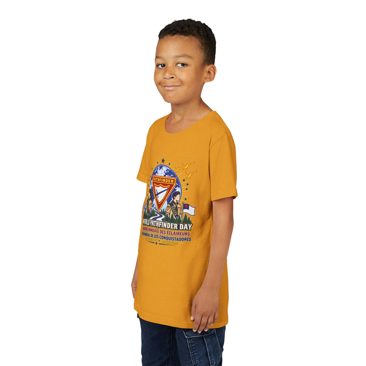 Youth Tee — World Pathfinder Day Badge Graphic (Trilingual)