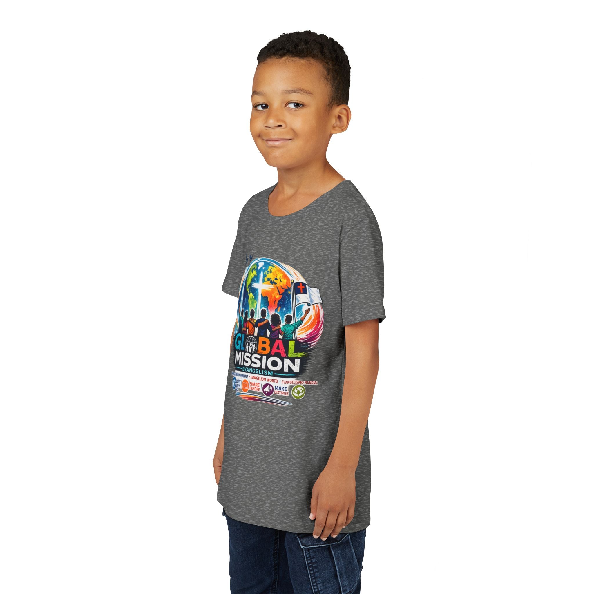 Youth Tee — Global Mission Kids Christian T‑Shirt with Cross & World Design