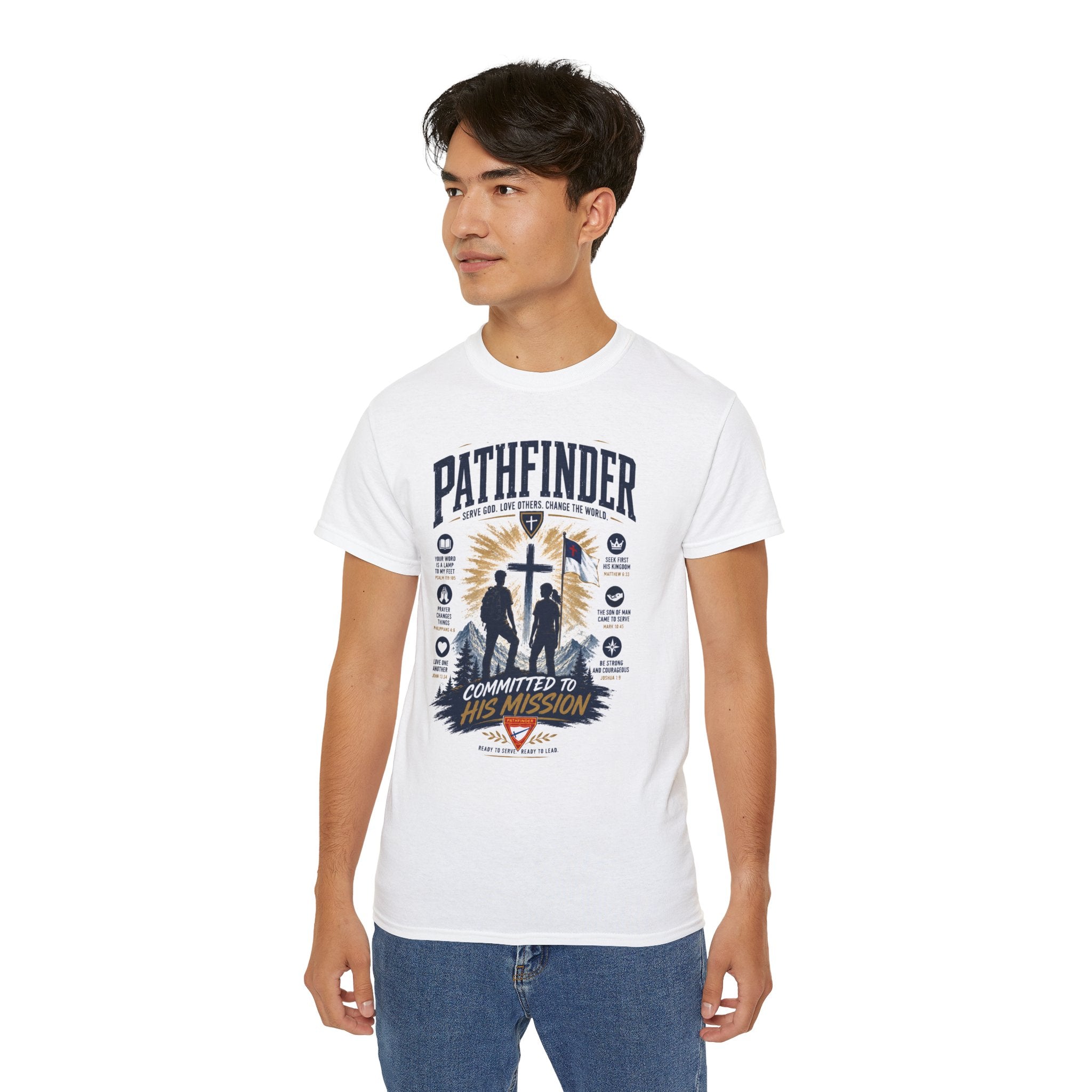 Pathfinder committed to his mission T-Shirt | Christian cross silhouette, faith badge design