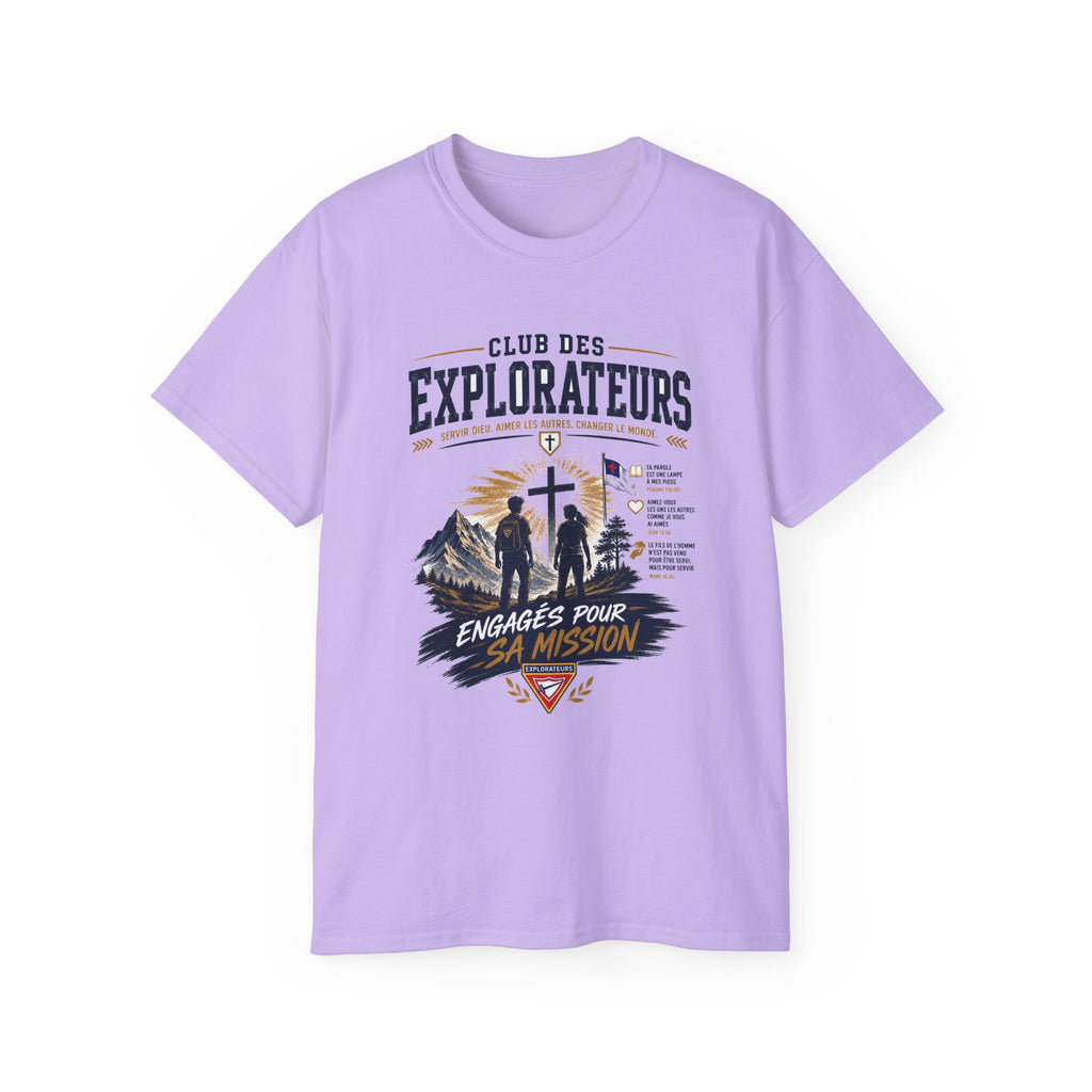 Explorateurs engagés dans leur mission T-shirt | Croix chrétienne silhouette, design d’insigne de foi
