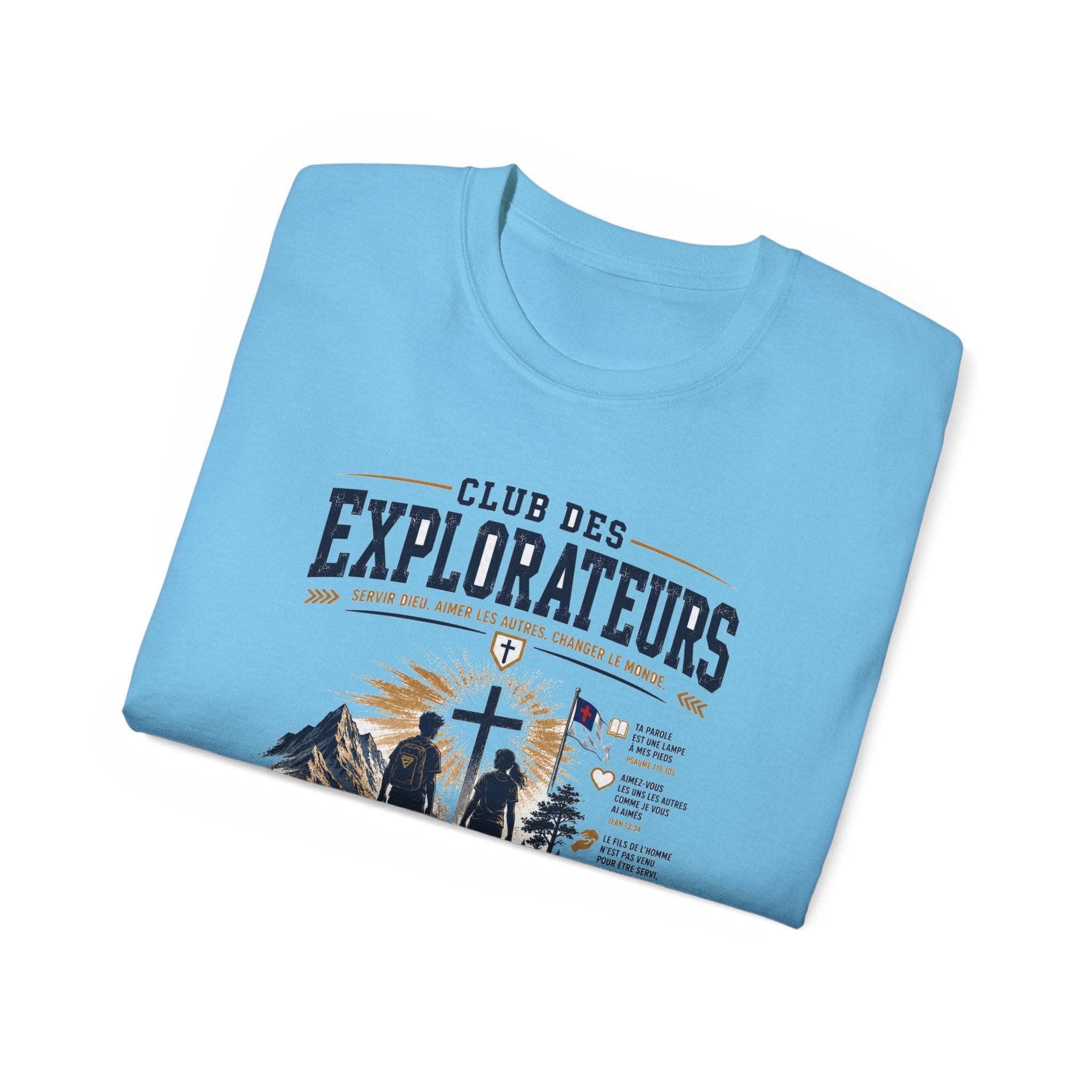 Explorateurs engagés dans leur mission T-shirt | Croix chrétienne silhouette, design d’insigne de foi