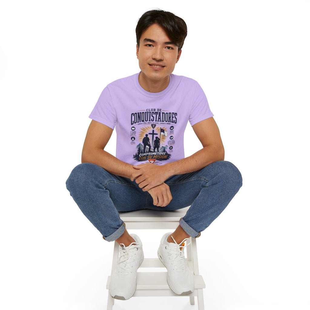 Conquistadores comprometido con su misión T-Shirt | Silueta de cruz cristiana, diseño de insignia de fe