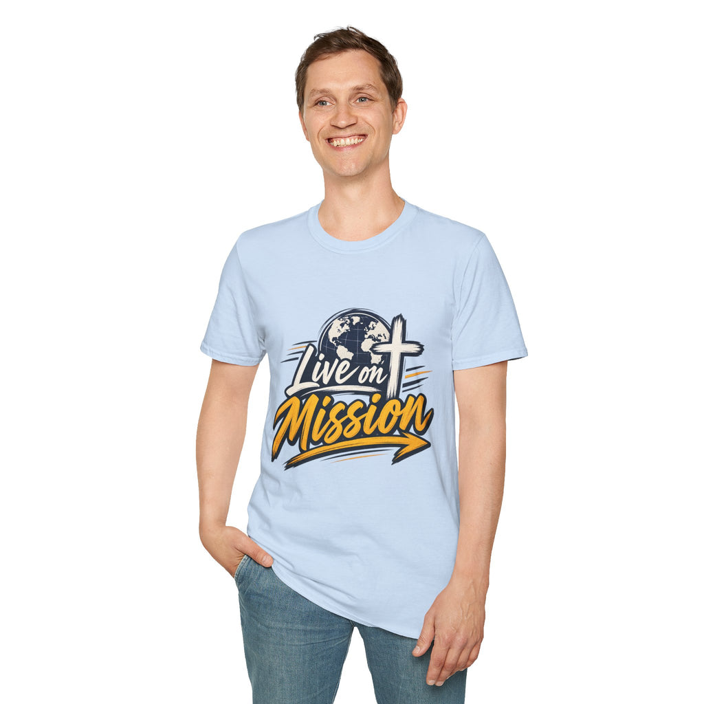 Live on Mission T-Shirt — Inspirational Christian Faith Tee with Globe & Cross Design