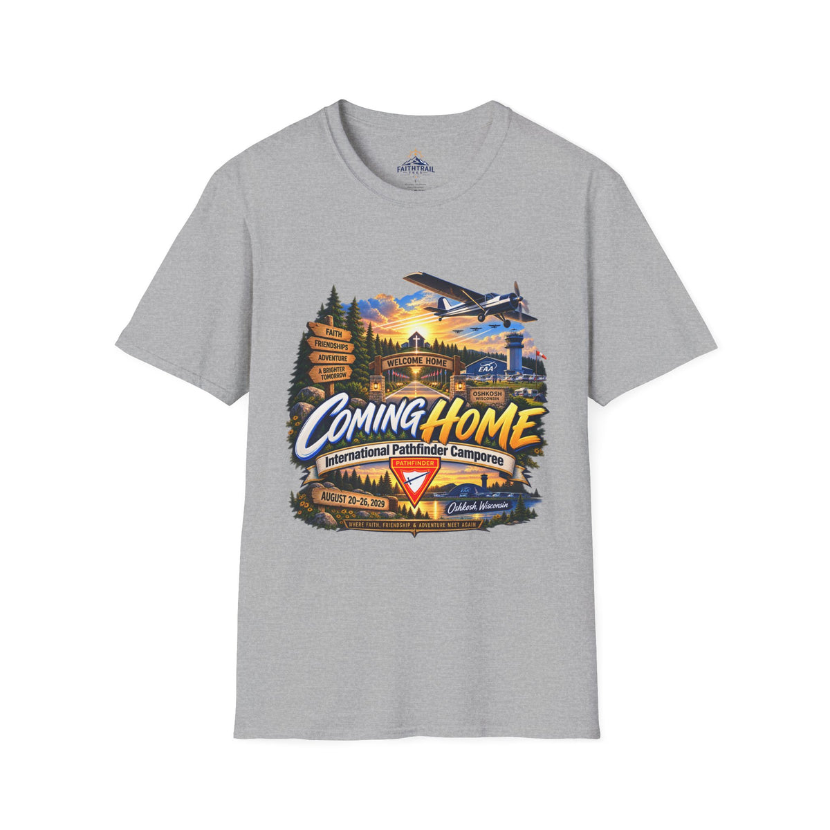 International Pathfinder Camporee 2029 (Stand Strong)- Coming Home T-Shirt — Vintage Airplane Sunset Travel Tee