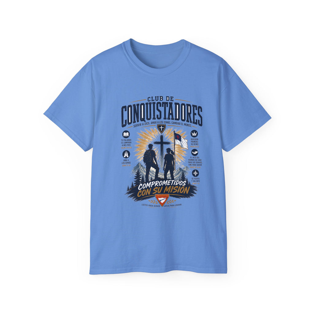 Conquistadores comprometido con su misión T-Shirt | Silueta de cruz cristiana, diseño de insignia de fe