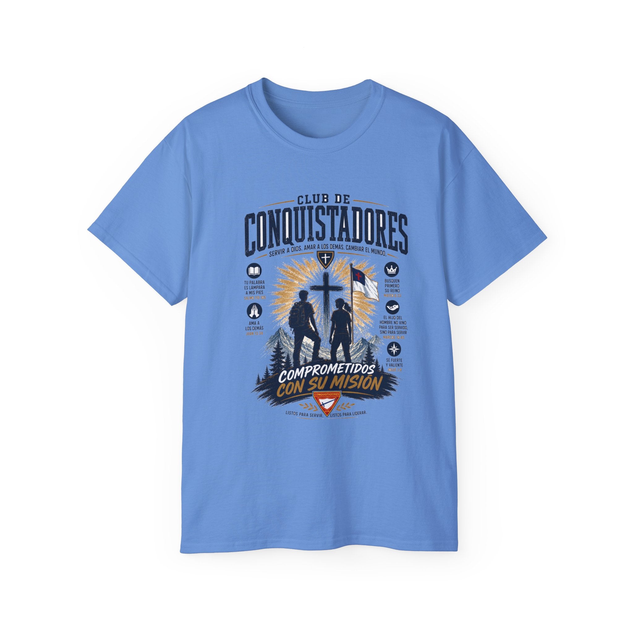 Conquistadores comprometido con su misión T-Shirt | Silueta de cruz cristiana, diseño de insignia de fe