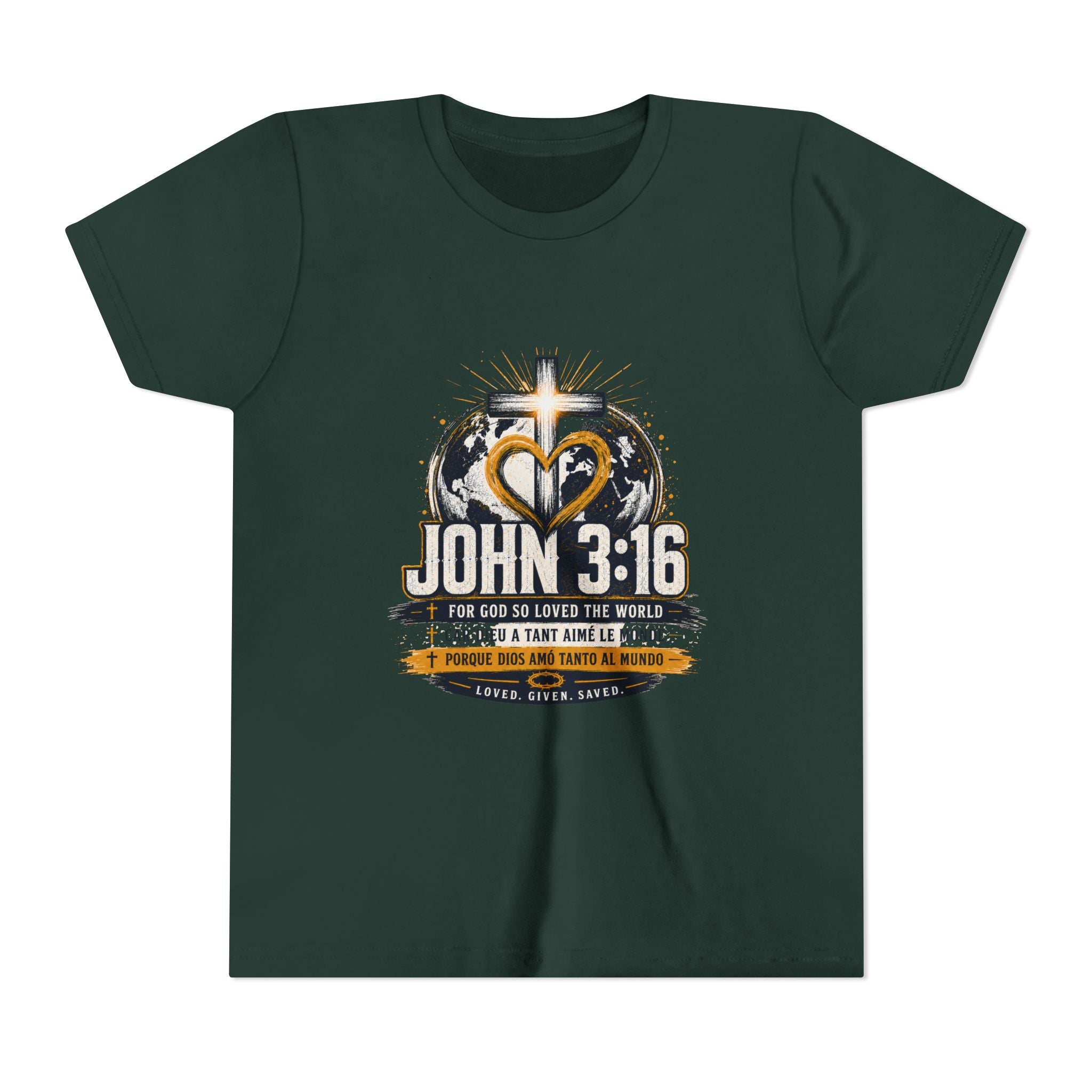 John 3:16 Youth Tee — Christian Inspirational Kids Shirt with Cross & Globe Design