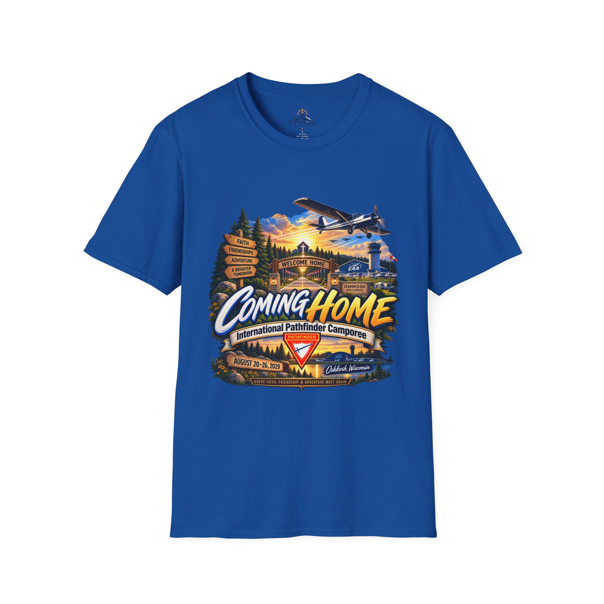 International Pathfinder Camporee 2029 (Stand Strong)- Coming Home T-Shirt — Vintage Airplane Sunset Travel Tee