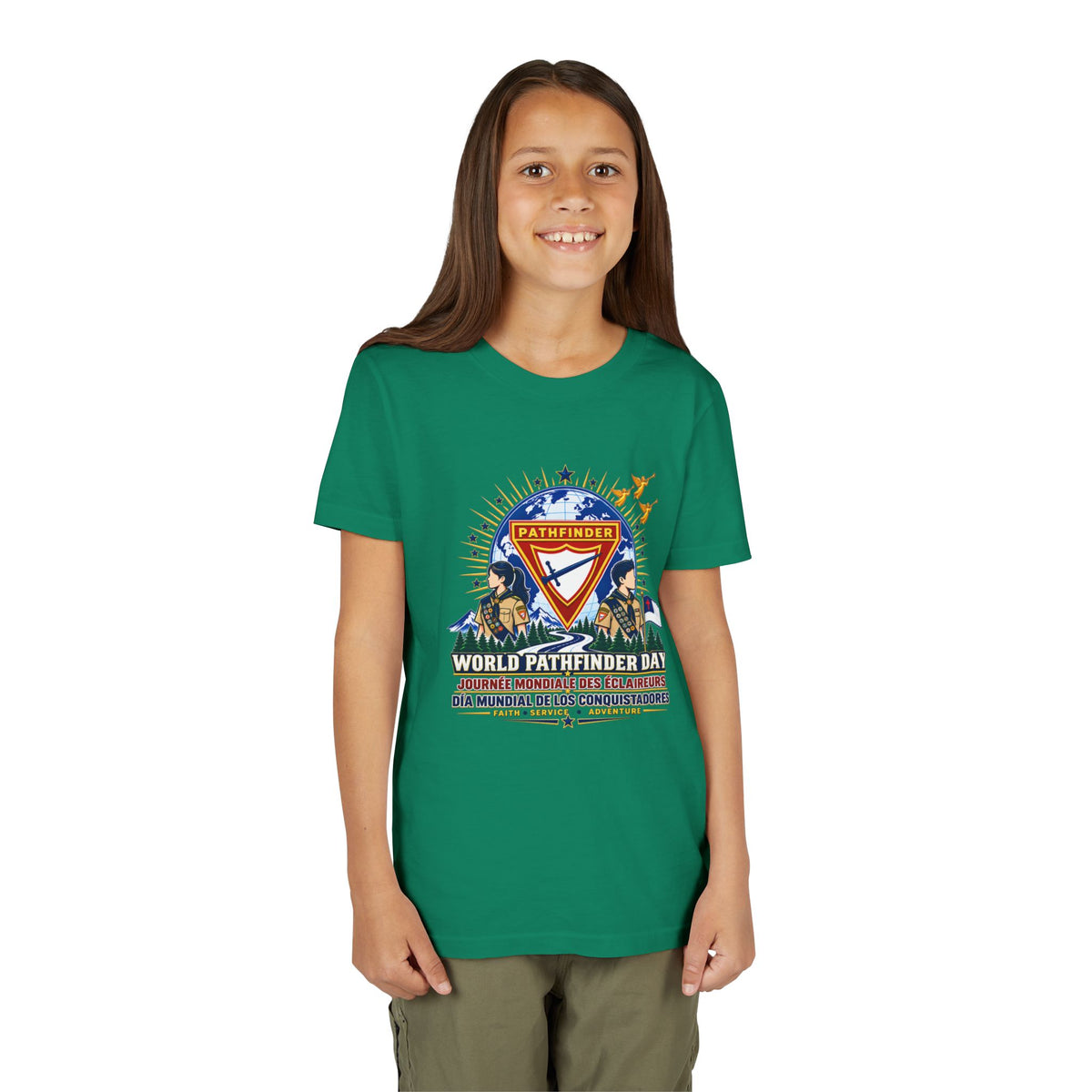 Youth Tee — World Pathfinder Day Badge Graphic (Trilingual)
