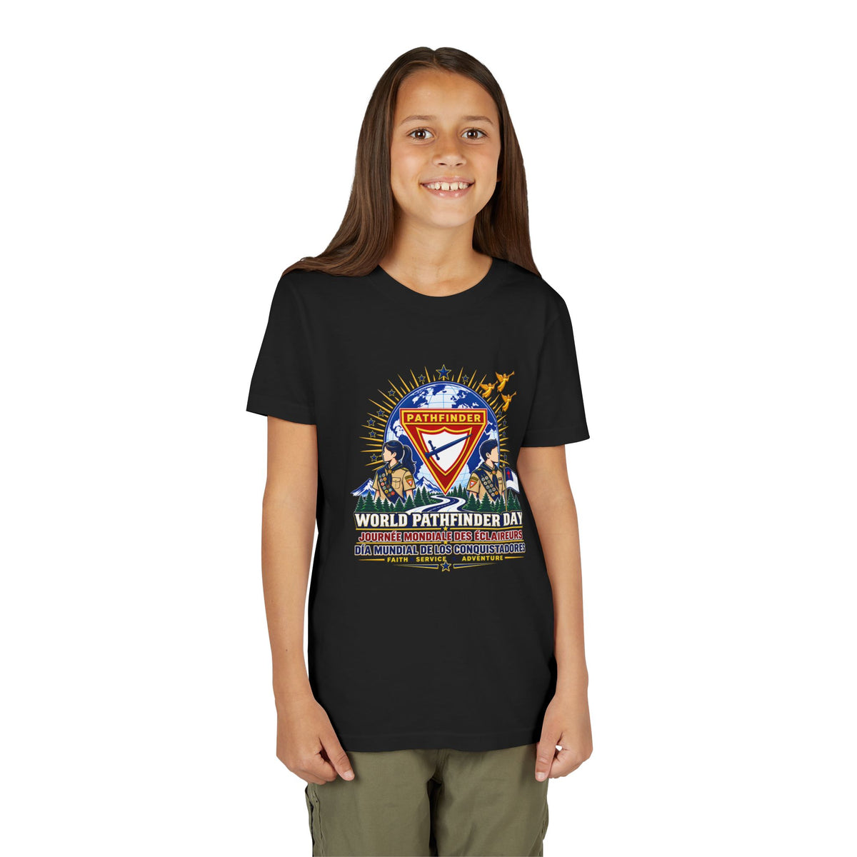 Youth Tee — World Pathfinder Day Badge Graphic (Trilingual)