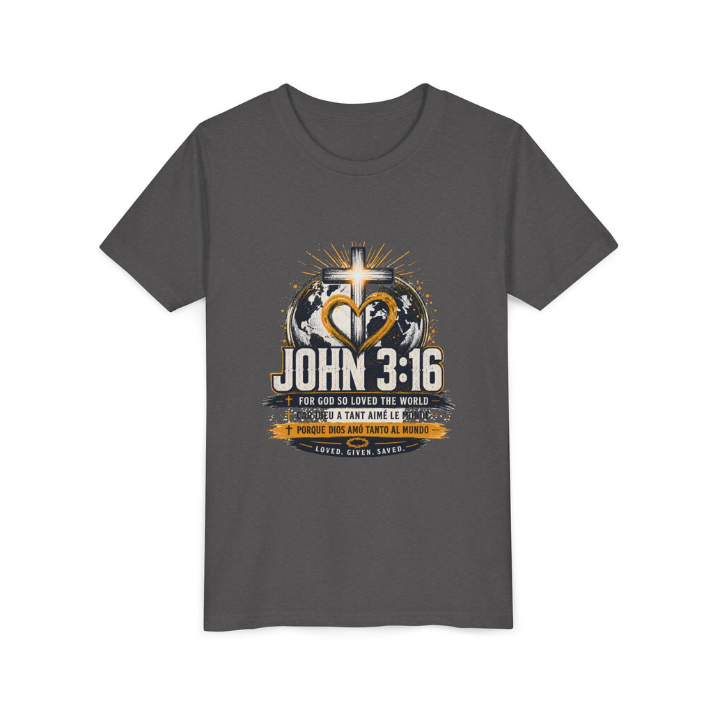 T-shirt pour jeune Jean 3:16 — T-shirt d'inspiration chrétienne pour enfants avec motif croix et globe