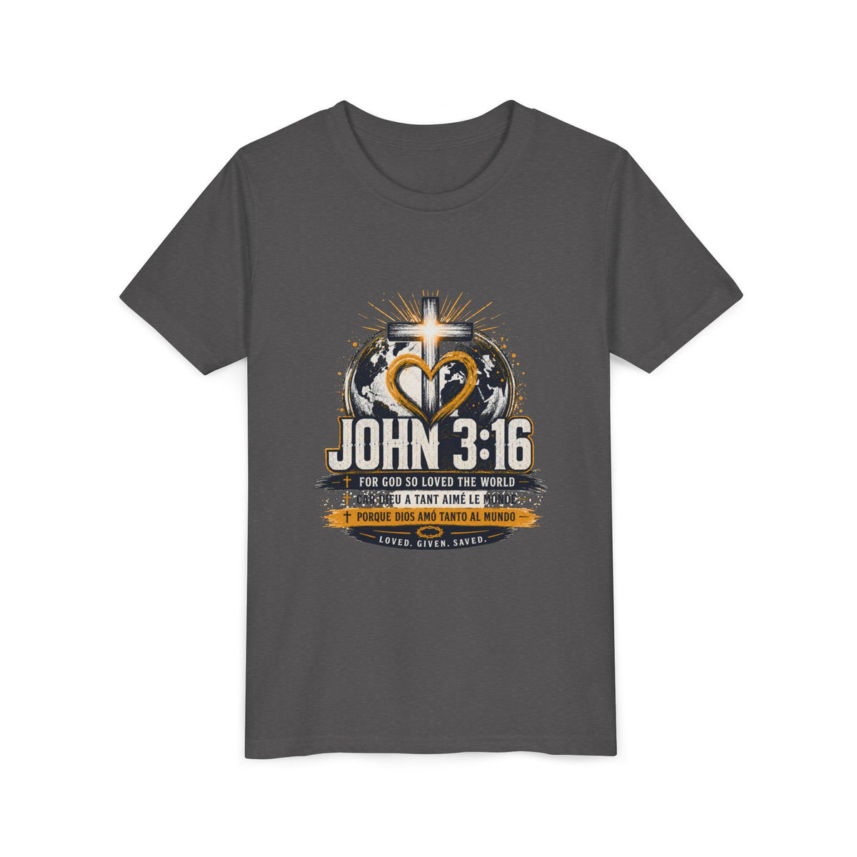T-shirt pour jeune Jean 3:16 — T-shirt d'inspiration chrétienne pour enfants avec motif croix et globe