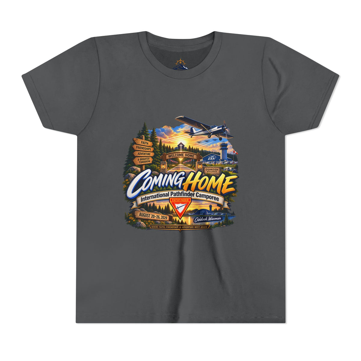 International Pathfinder Camporee - Stand Strong - Osh Kosh T-Shirt/Youth Tee — "Coming Home"