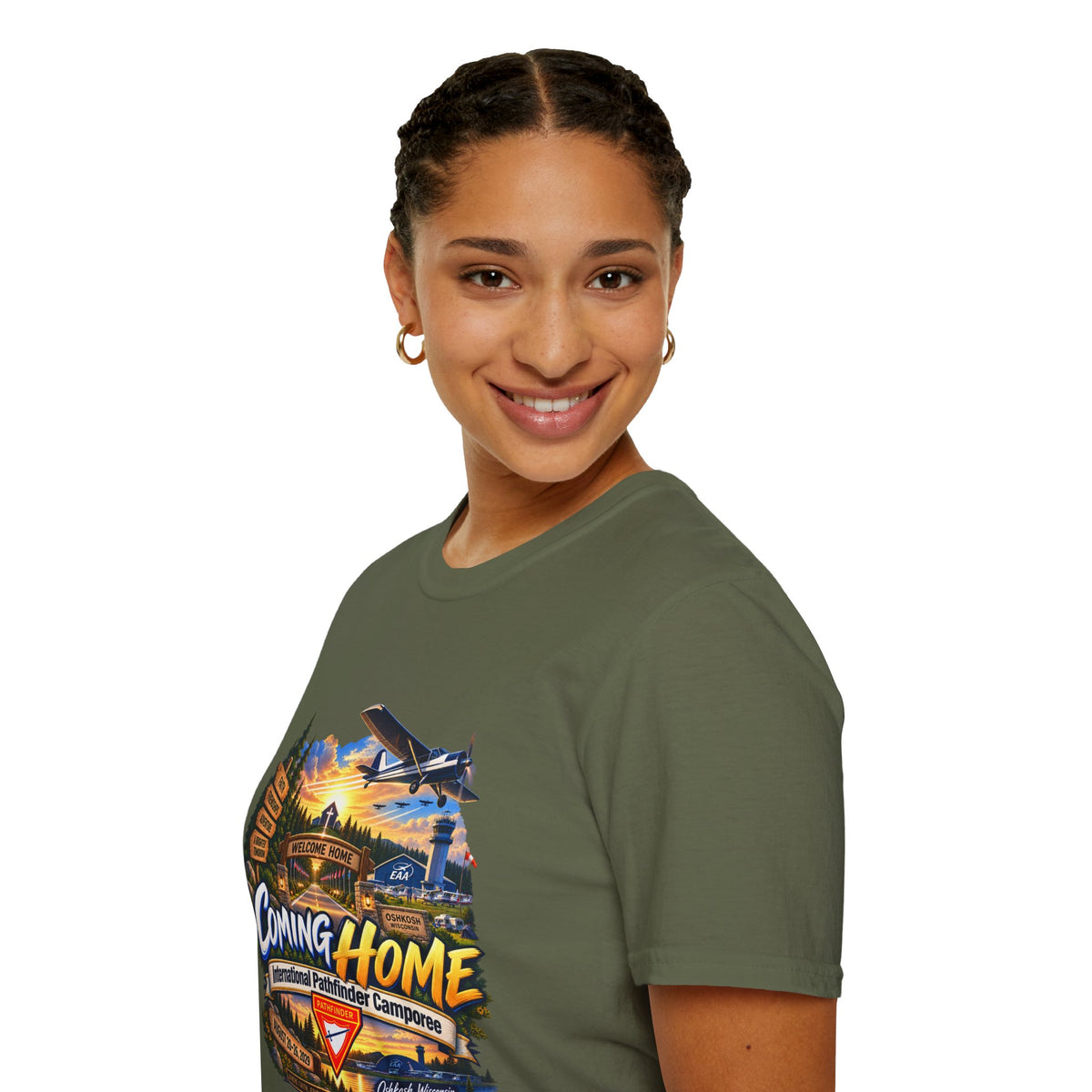 International Pathfinder Camporee 2029 (Stand Strong)- Coming Home T-Shirt — Vintage Airplane Sunset Travel Tee