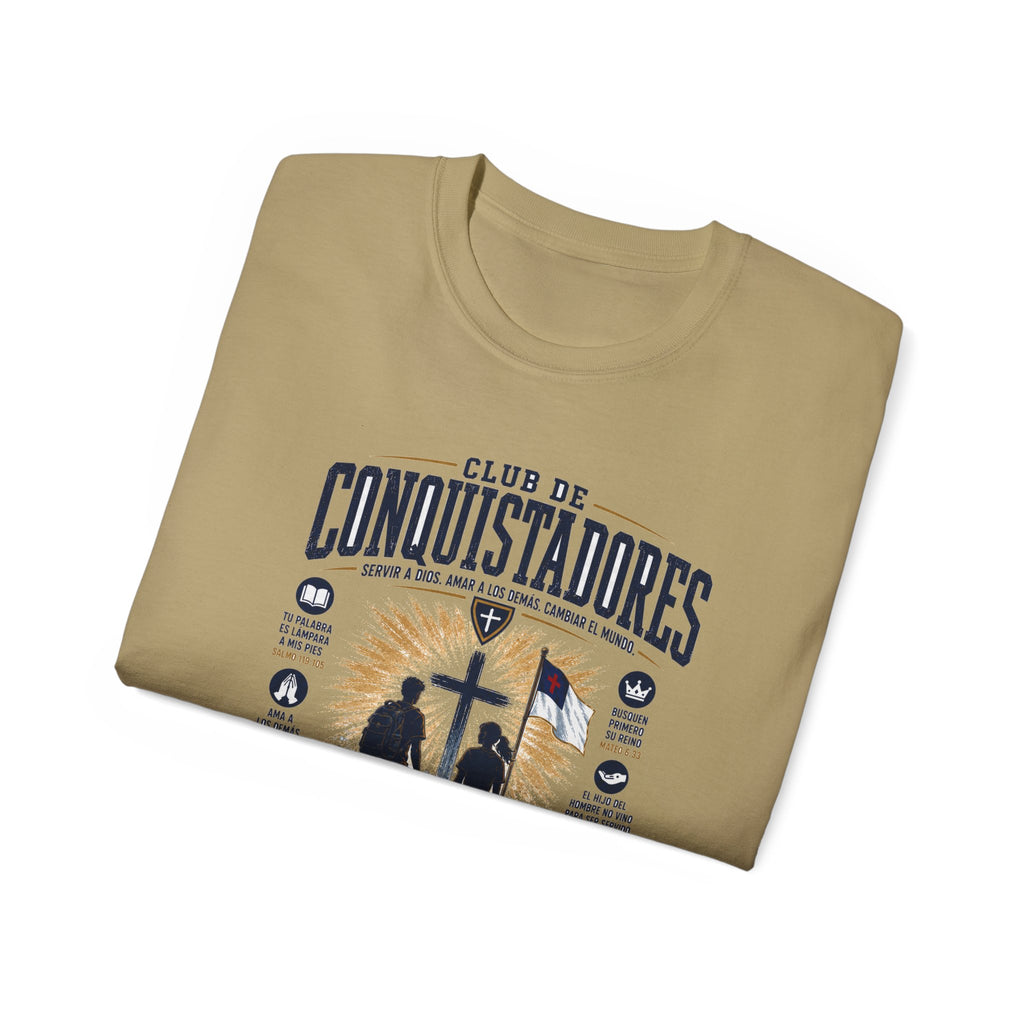 Conquistadores comprometido con su misión T-Shirt | Silueta de cruz cristiana, diseño de insignia de fe