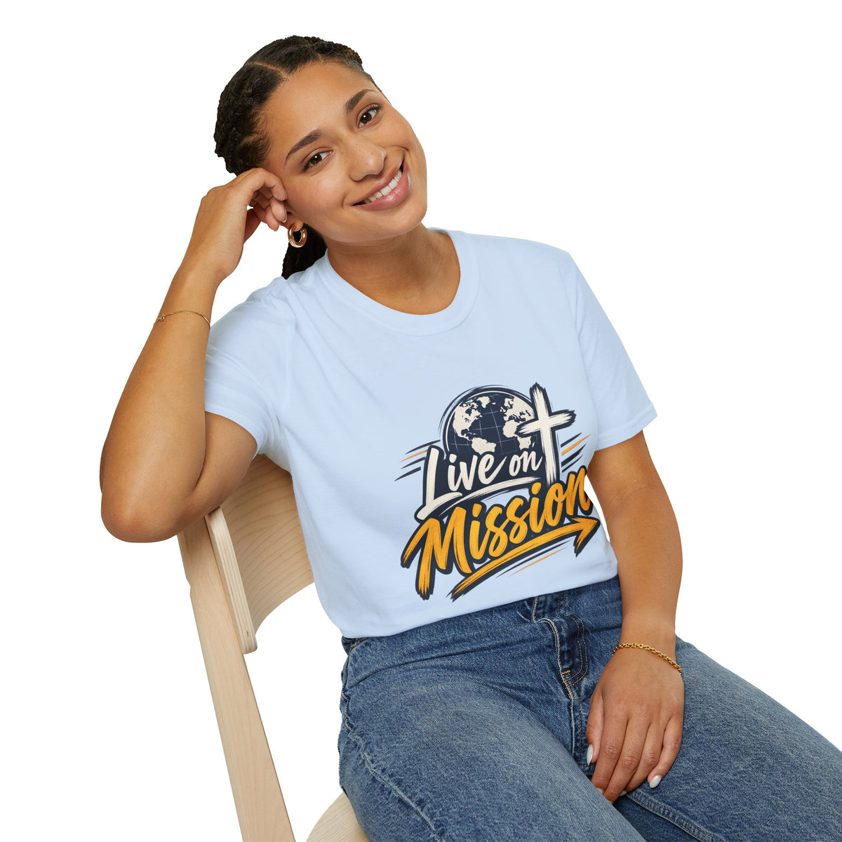 Live on Mission T-Shirt — Inspirational Christian Faith Tee with Globe & Cross Design