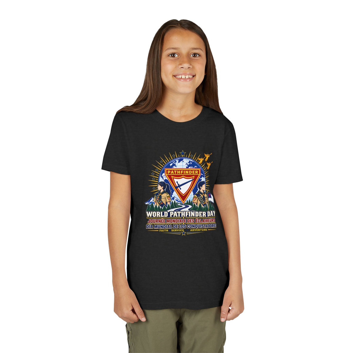 Youth Tee — World Pathfinder Day Badge Graphic (Trilingual)