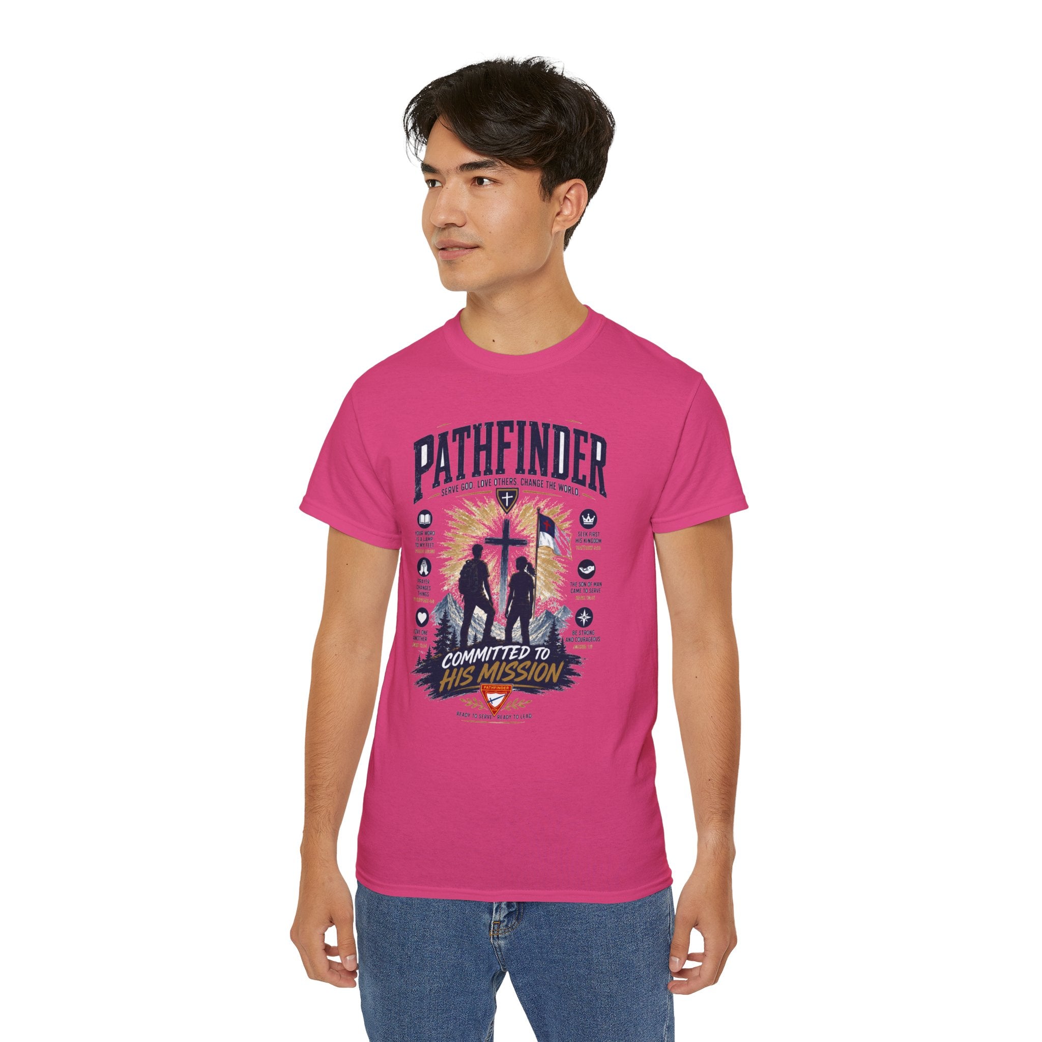 Pathfinder committed to his mission T-Shirt | Christian cross silhouette, faith badge design