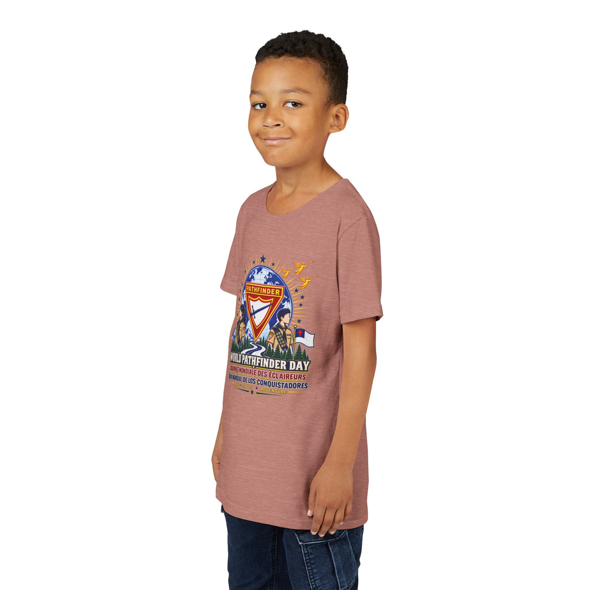 Youth Tee — World Pathfinder Day Badge Graphic (Trilingual)
