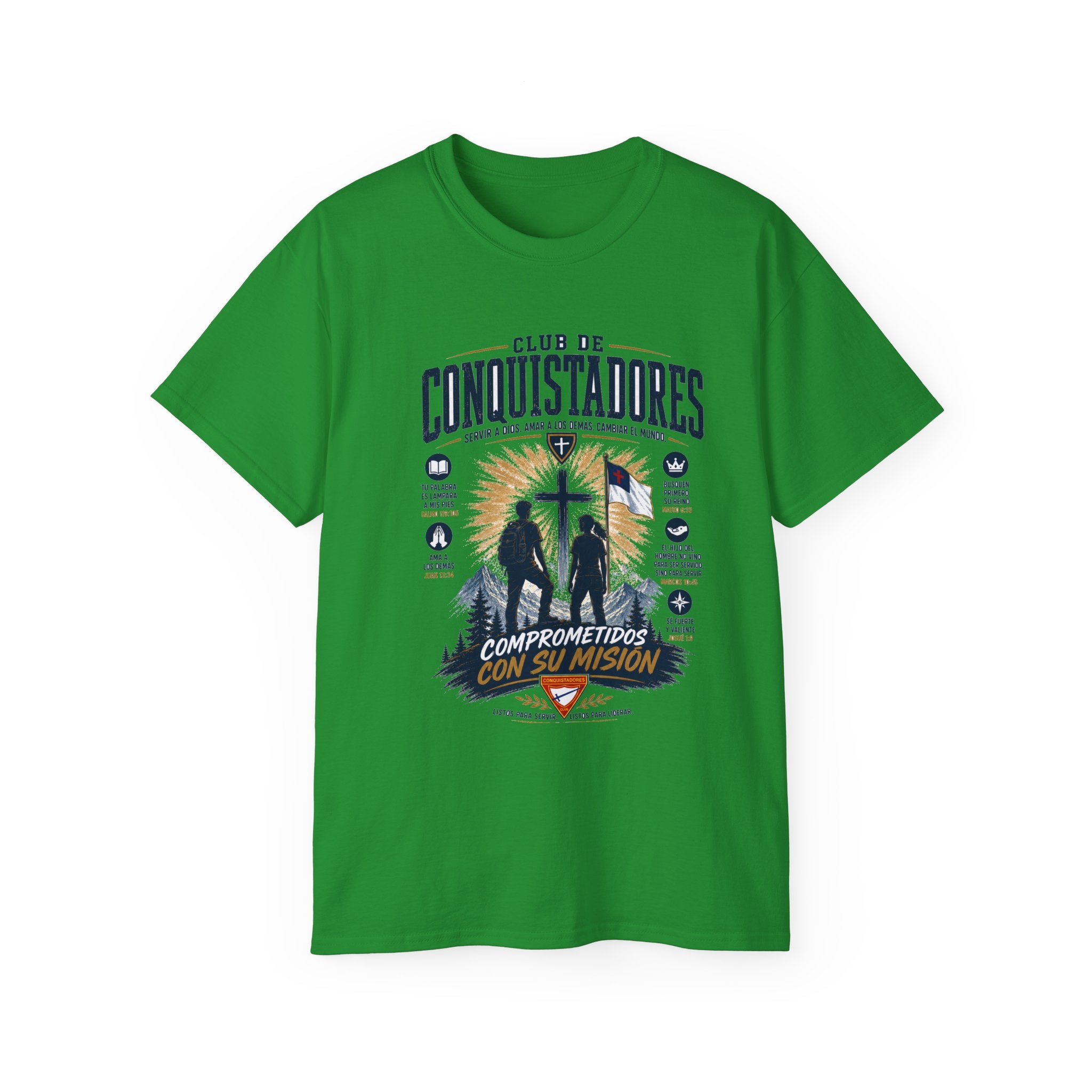 Conquistadores comprometido con su misión T-Shirt | Silueta de cruz cristiana, diseño de insignia de fe