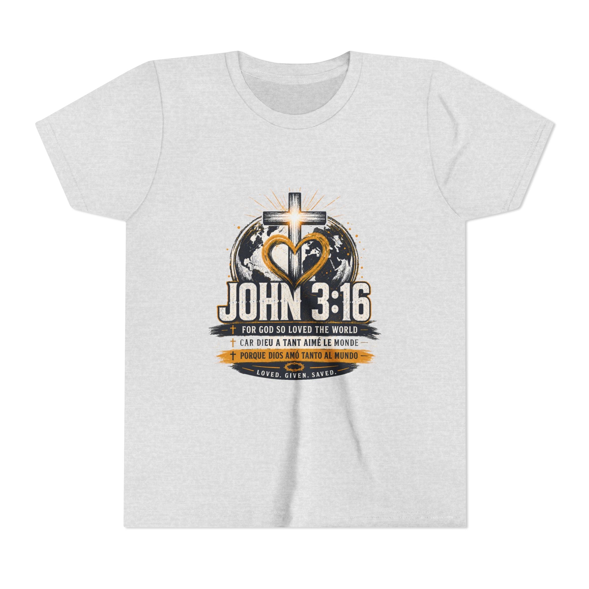 John 3:16 Youth Tee — Christian Inspirational Kids Shirt with Cross & Globe Design