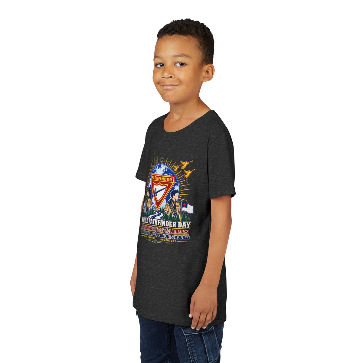 Youth Tee — World Pathfinder Day Badge Graphic (Trilingual)