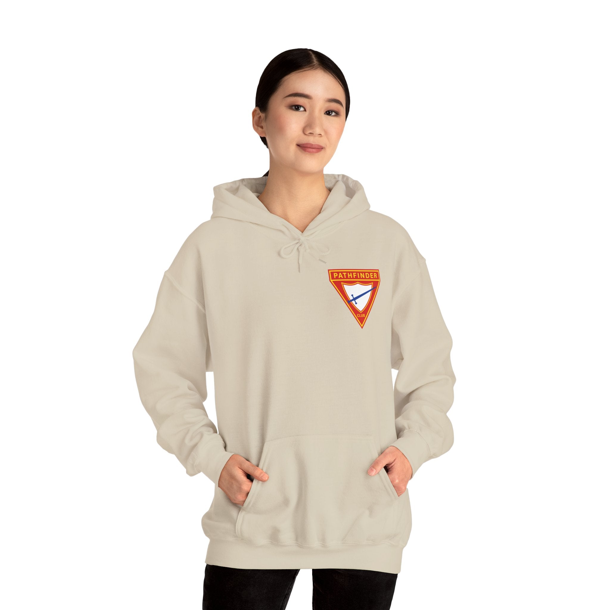Pathfinder Club Hoodie — Vintage Triangle Patch Logo Hooded Sweatshirt