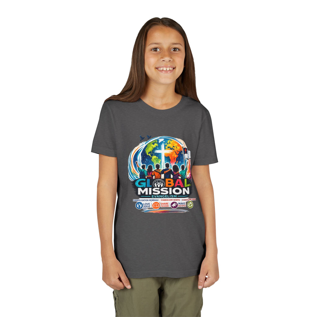 Youth Tee — Global Mission Kids Christian T‑Shirt with Cross & World Design