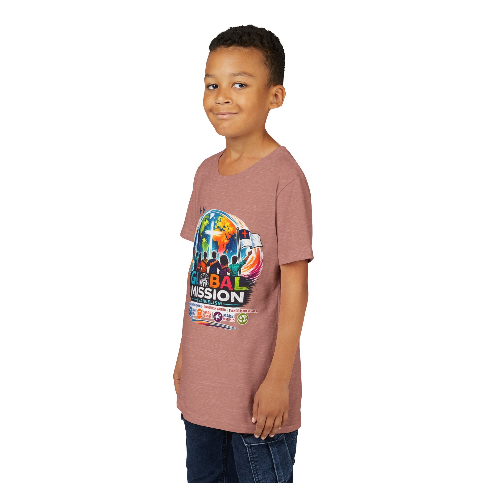 Youth Tee — Global Mission Kids Christian T‑Shirt with Cross & World Design
