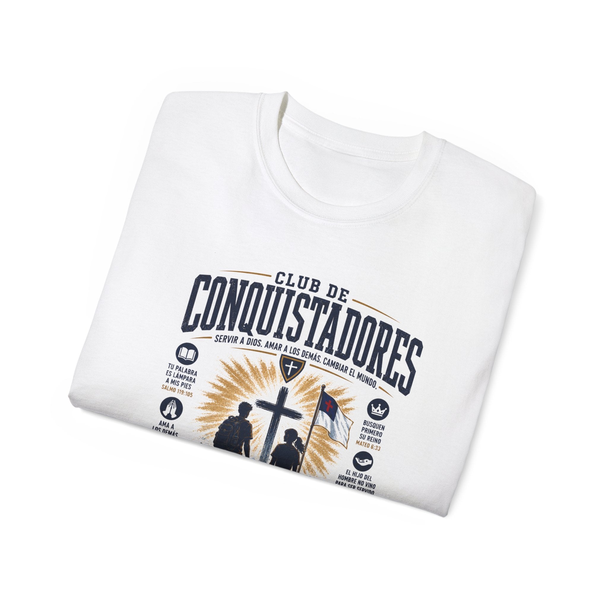 Conquistadores comprometido con su misión T-Shirt | Silueta de cruz cristiana, diseño de insignia de fe