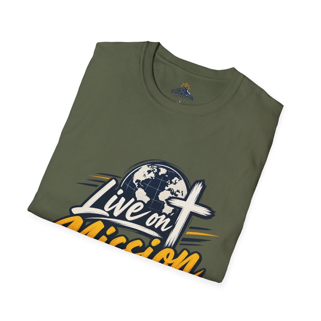 Live on Mission T-Shirt — Inspirational Christian Faith Tee with Globe & Cross Design