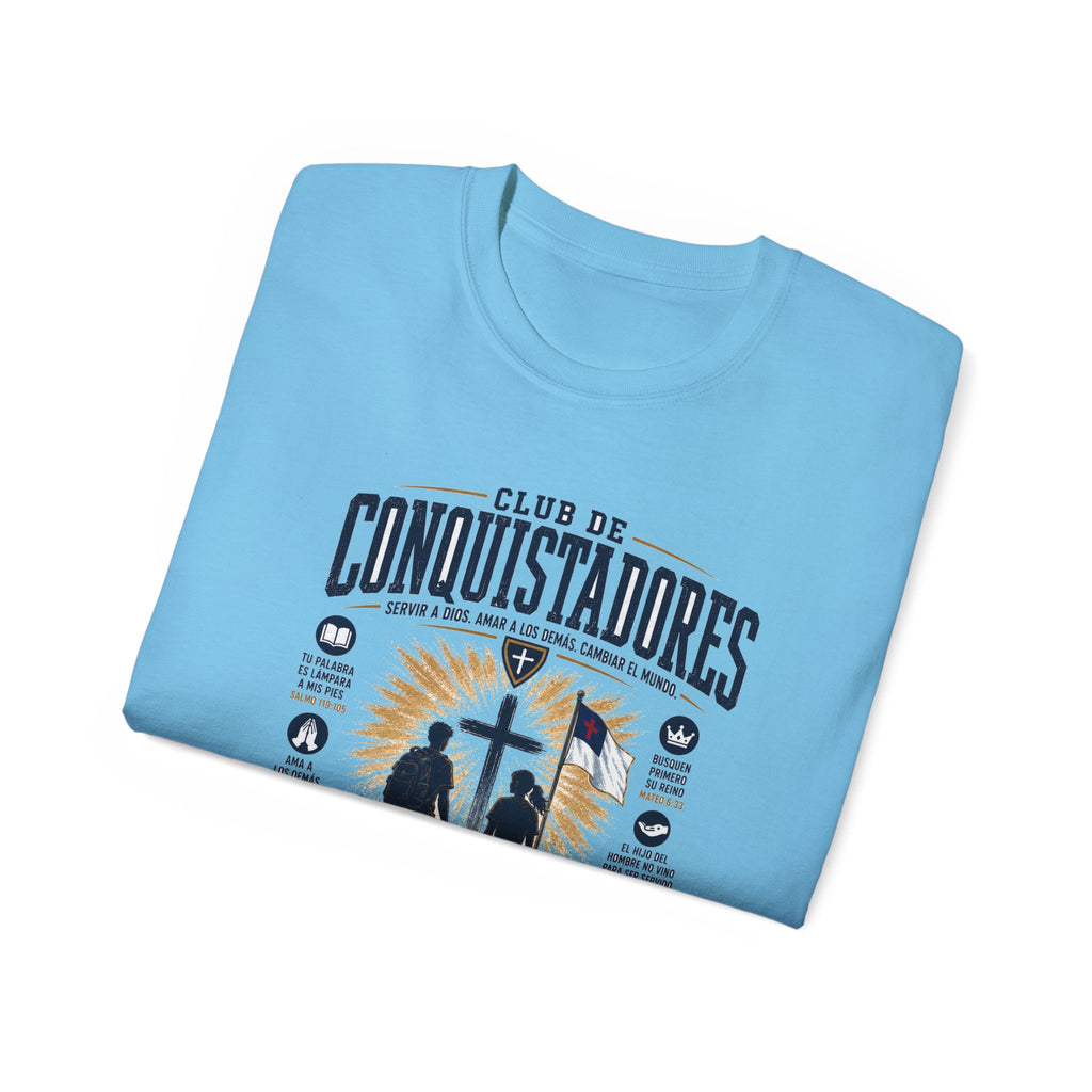 Conquistadores comprometido con su misión T-Shirt | Silueta de cruz cristiana, diseño de insignia de fe