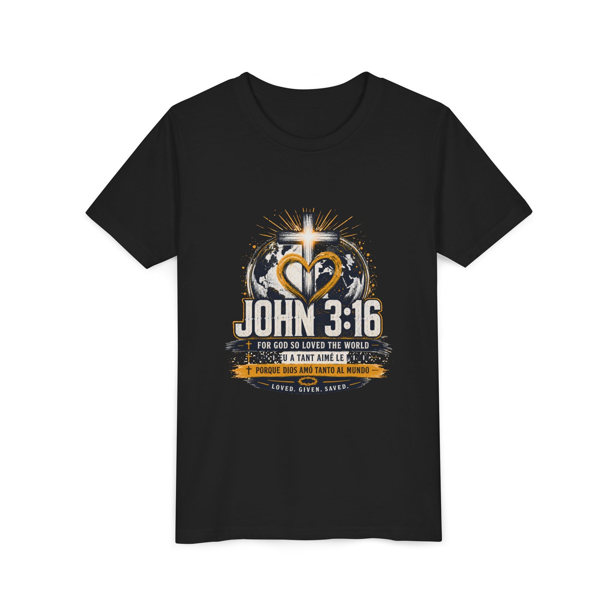 John 3:16 Youth Tee — Christian Inspirational Kids Shirt with Cross & Globe Design