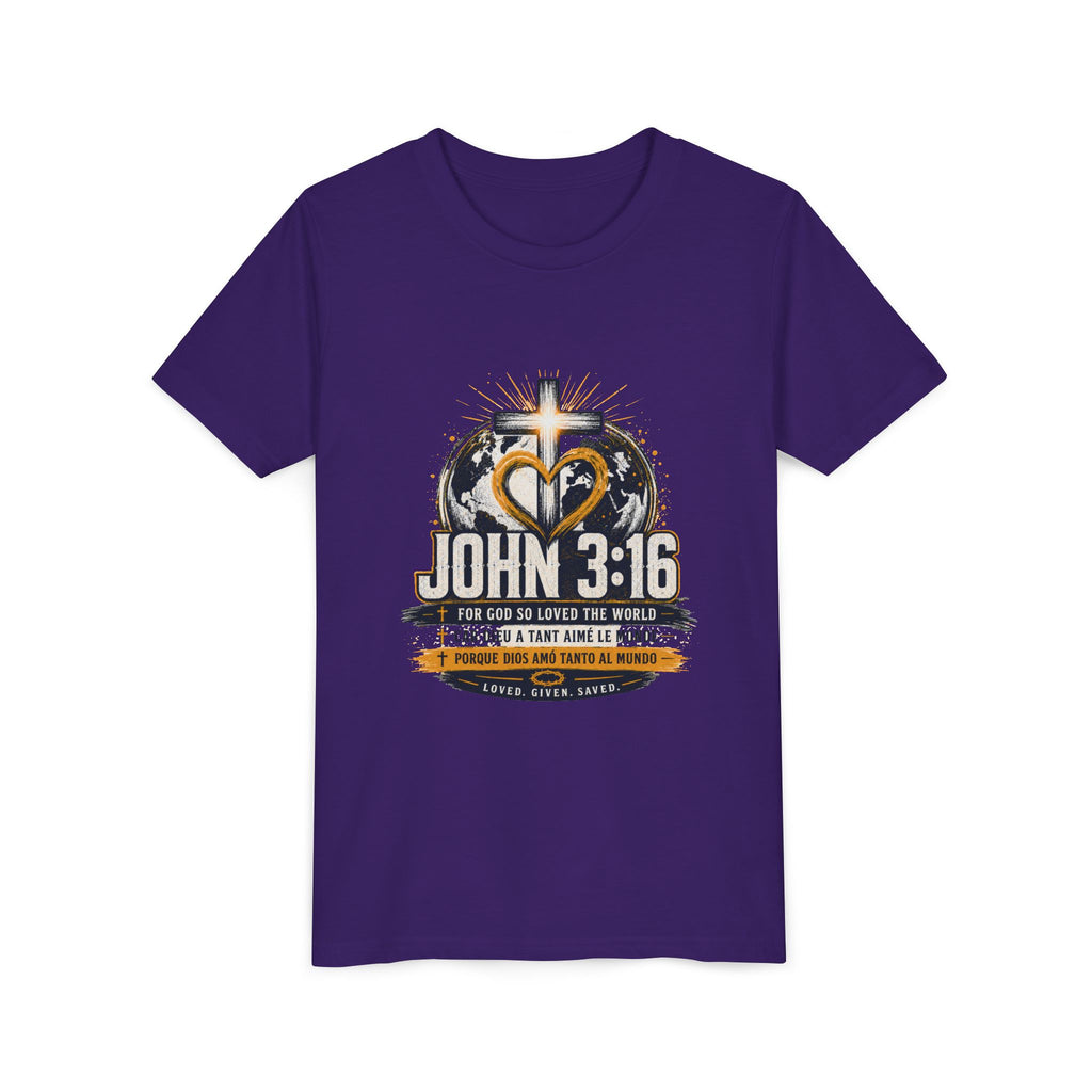 T-shirt pour jeune Jean 3:16 — T-shirt d'inspiration chrétienne pour enfants avec motif croix et globe