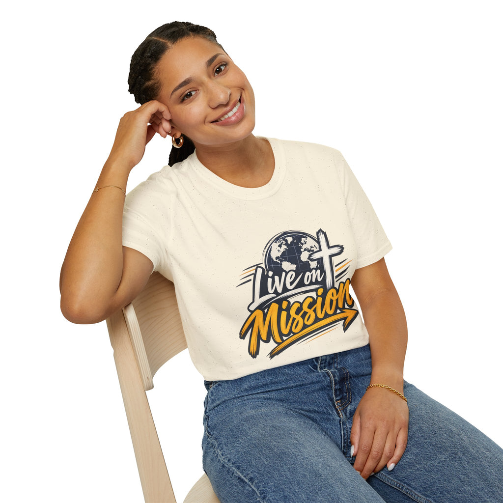 Live on Mission T-Shirt — Inspirational Christian Faith Tee with Globe & Cross Design