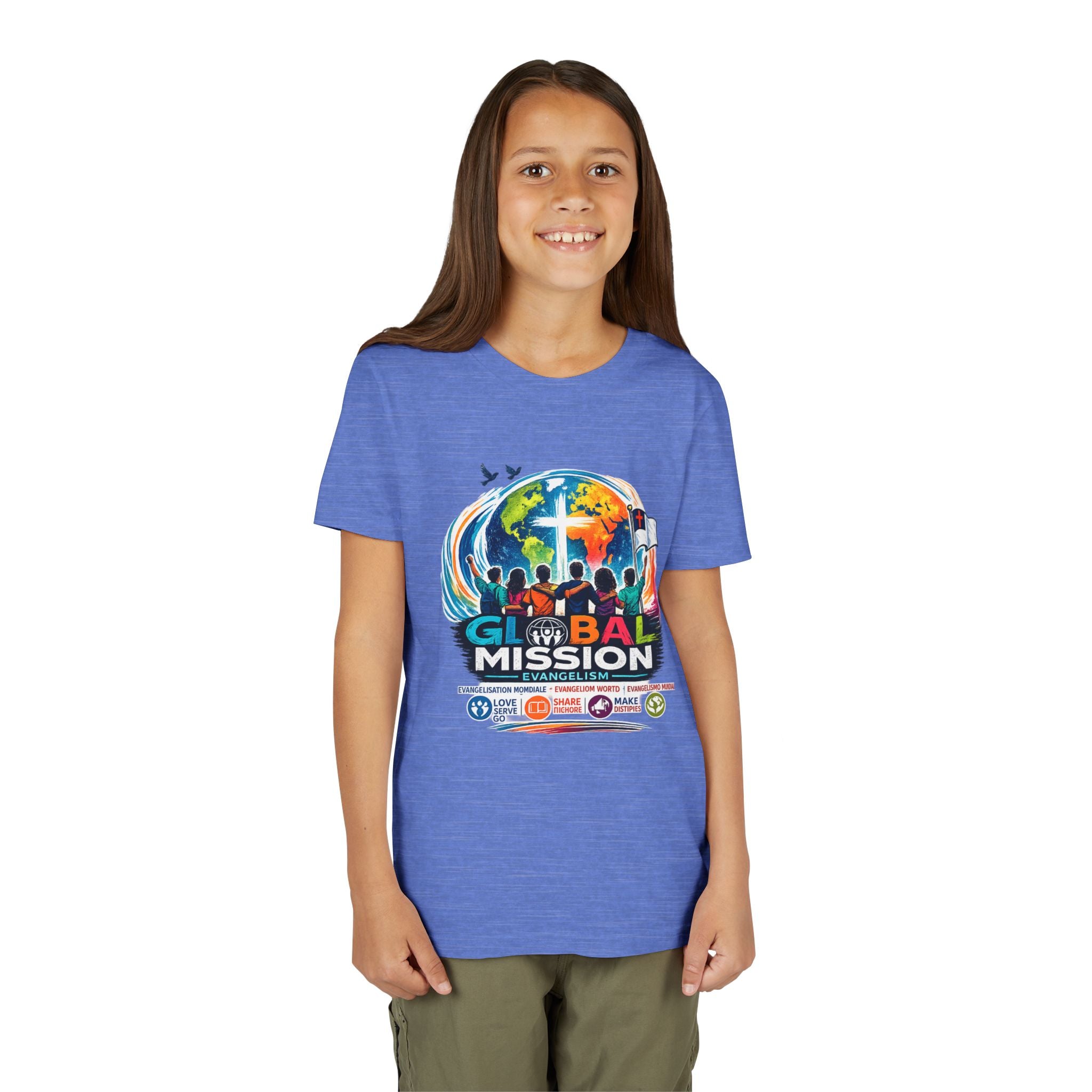 Youth Tee — Global Mission Kids Christian T‑Shirt with Cross & World Design