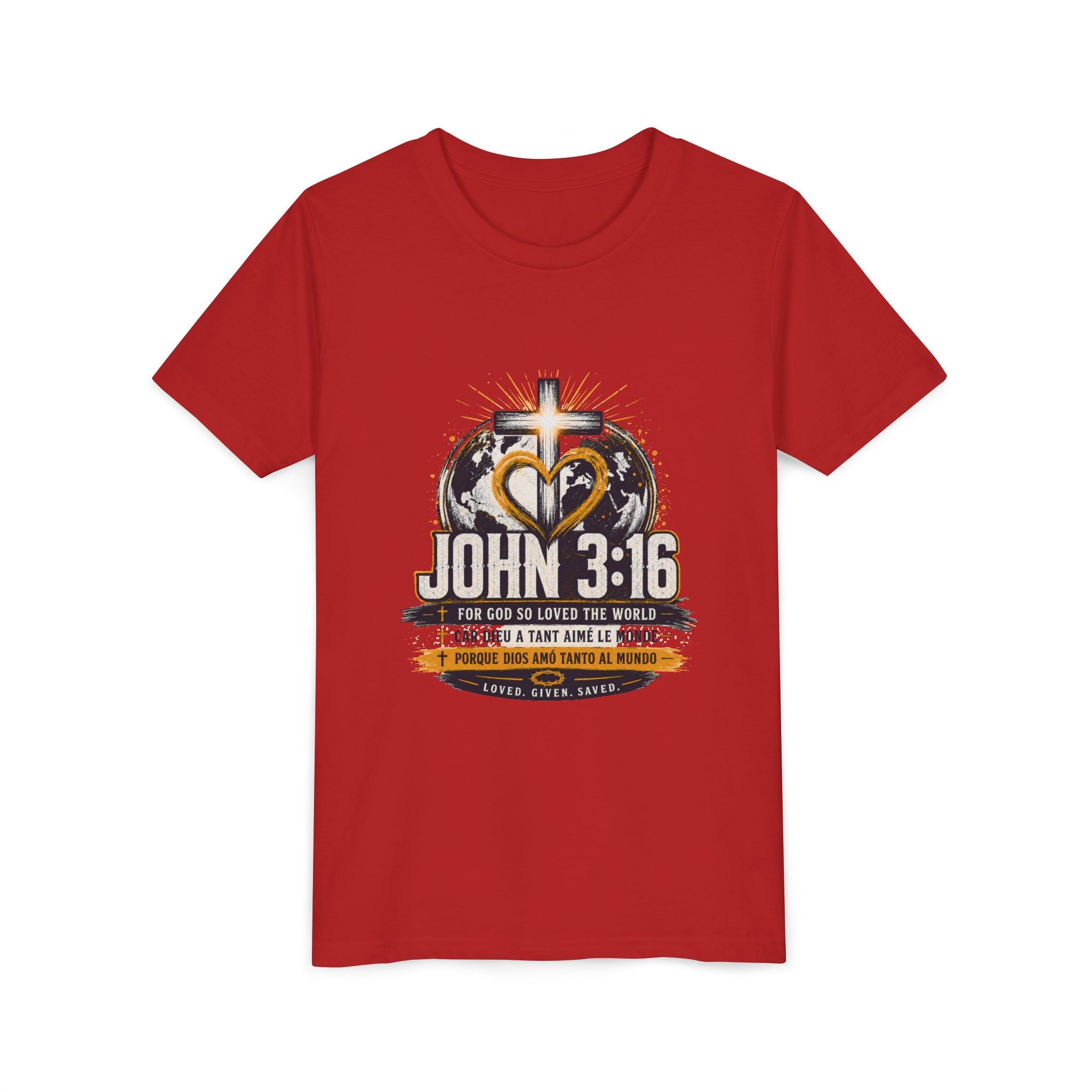 John 3:16 Youth Tee — Christian Inspirational Kids Shirt with Cross & Globe Design